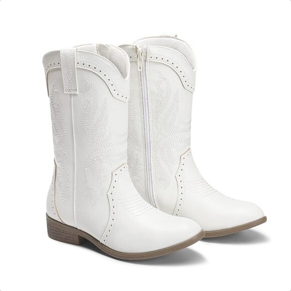 Kids Girls White Cowgirl Western Boots Mid Calf Horse Riding Booties Shoes - Picture 6 of 6